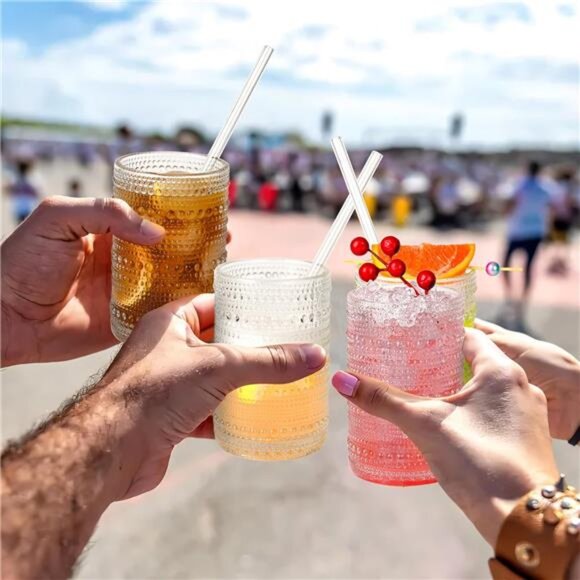 Drinking Glasses with Straws 15oz Vintage Glassware Set of 6 - Picture 6 of 7